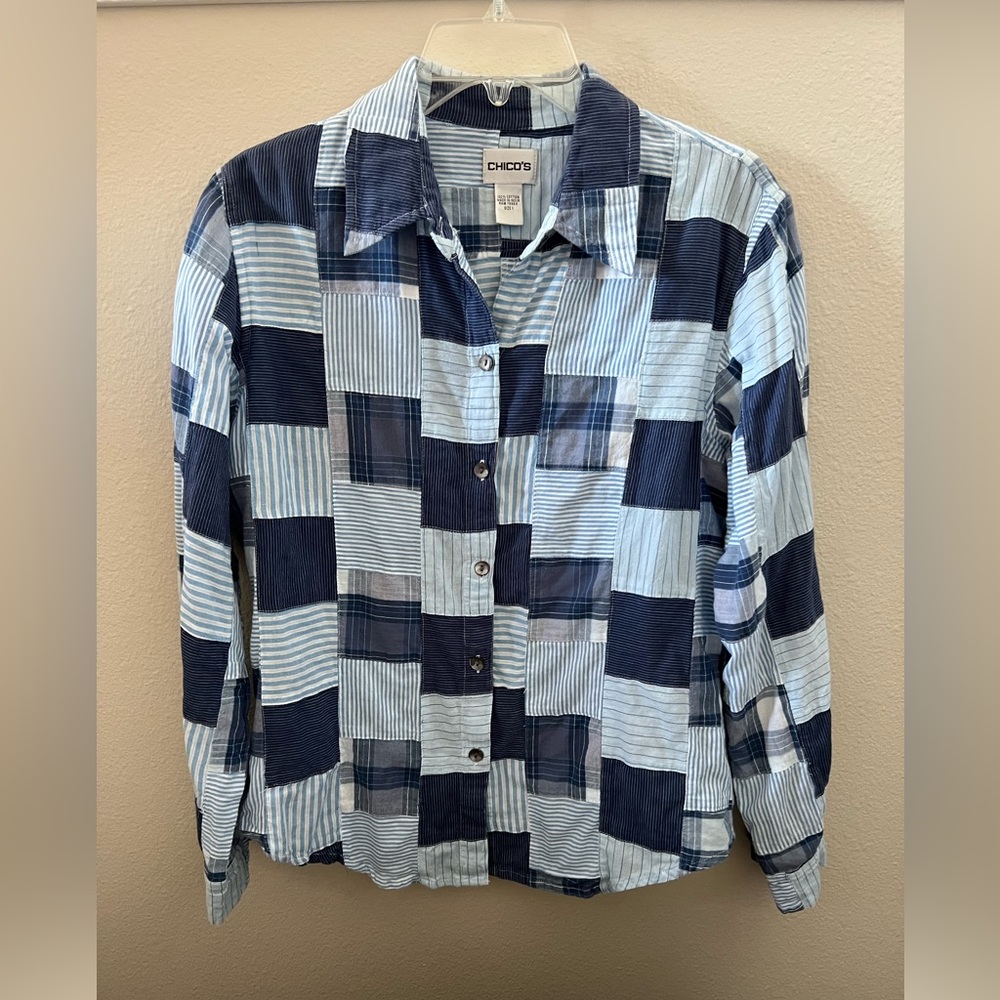 Chico’s Lightweight Blue White Patchwork Shirt Size 1